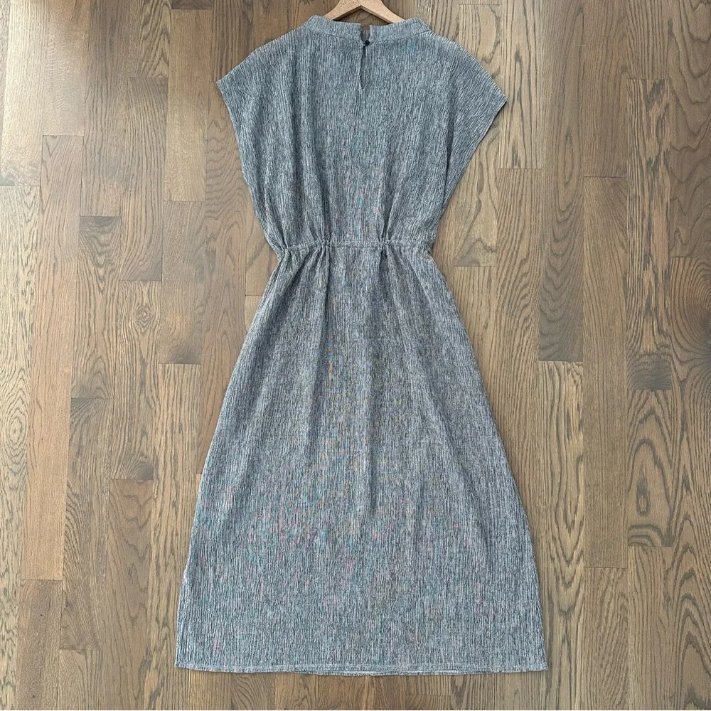 Eileen Fisher Woven Plissé Funnel Neck Full Length Dress in Grey Large